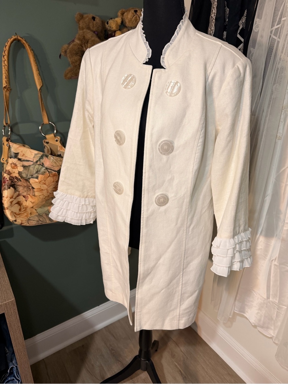 Women’s Linen Cream Double-Breasted Ruffle Cuff Coat Size M Boho Cottagecore